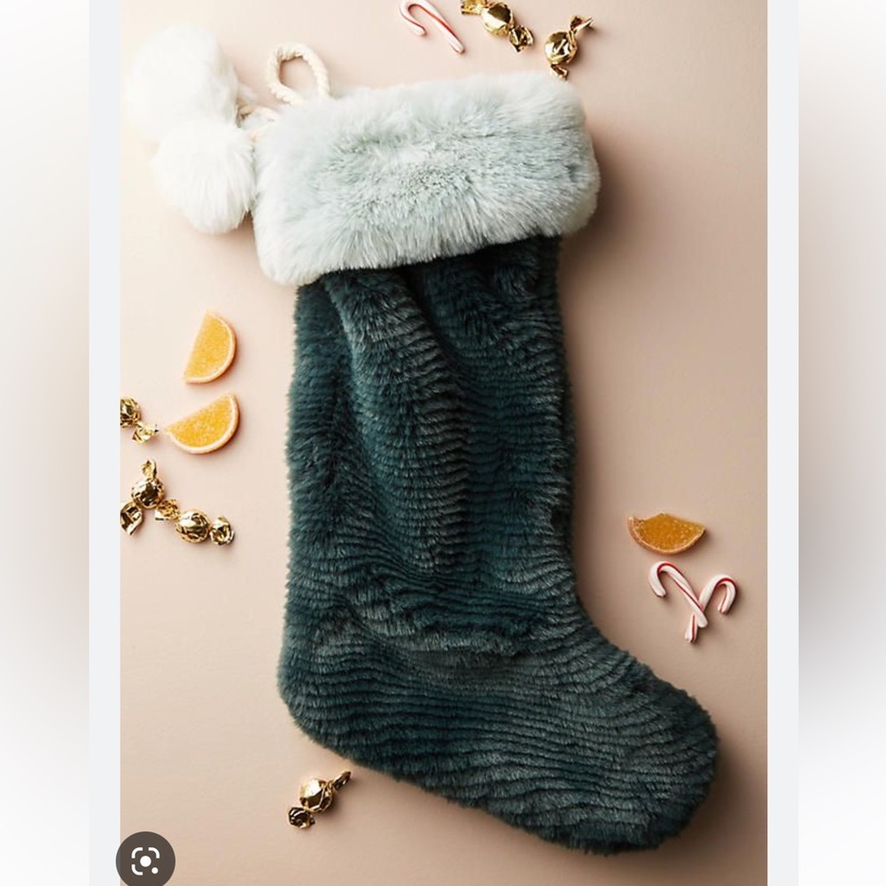 Anthropologie Faux Fur Green Christmas Stocking